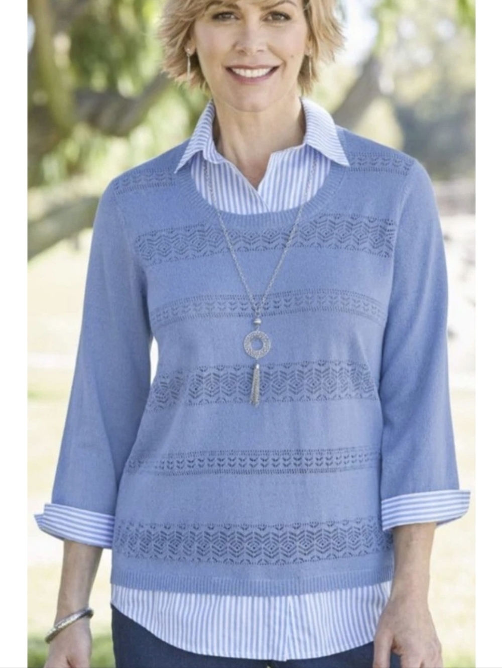 ALFRED DUNNER Pearls of Wisdom COTTON Blend blue Women's Sweater Shirt Hem Sz.M